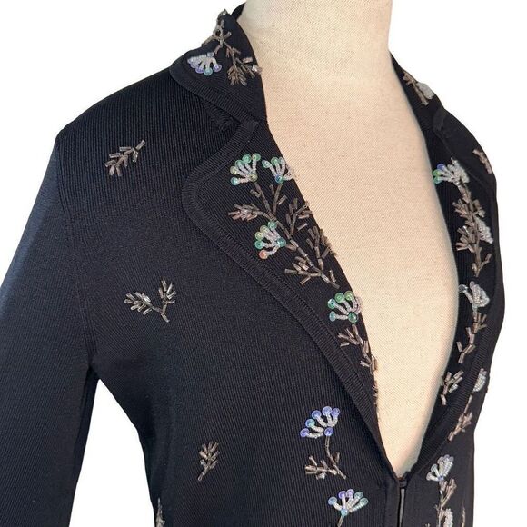 BCBGMaxAzria Black Glam Iridescent Floral Beaded Knit Lapel Blazer Womens Medium - Picture 3 of 10